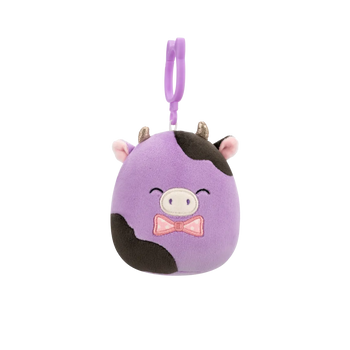 Squishmallows Clip-On Alexie die lila-schwarze Kuh mit Fliege, 9 cm
