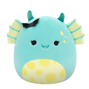 Squishmallows Liebster das blaugrüne Sumpfmonster mit geflecktem Bauch und Fledermaus-Pin, 20 cm