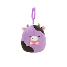 Squishmallows Clip-On Alexie die lila-schwarze Kuh mit Fliege, 9 cm
