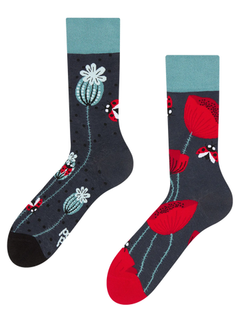 Lustige Socken Marienkäfer und Mohnblumen