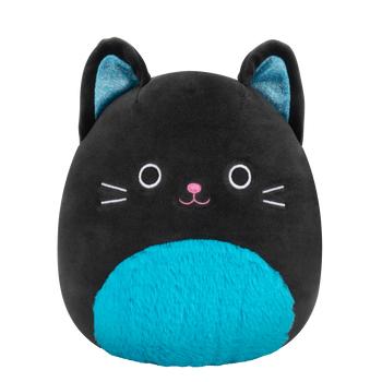 Squishmallows Eponine - Schwarze Katze mit neonblauem Plüschbauch und Glitzerohren, 20 cm